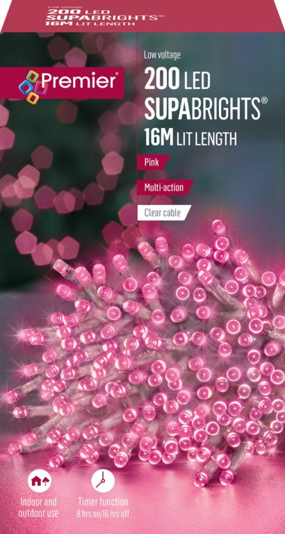Premier 200 LED Multi Action Supabrights With Timer - Pink/ Clear Cable