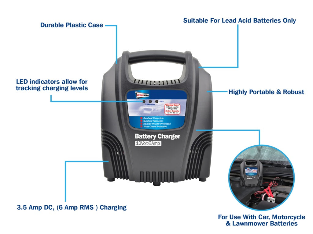 Streetwize Compact Battery Charger 6A 12V – Portable Vehicle Battery Charger