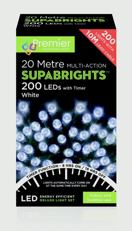 Premier 200 LED Multi Action Supabrights With Timer - White/Green Cable