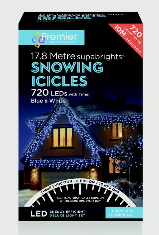Premier Snowing Icicles With Timer Blue & White - 720 LED