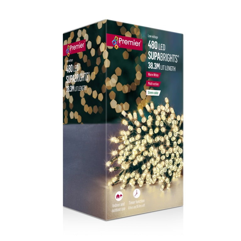 Premier 480 LED Multi Action Supabrights With Timer - Warm White/Green Cable