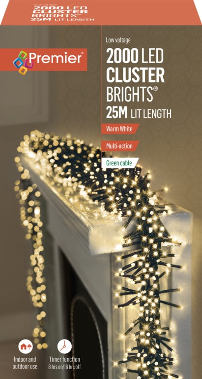 Premier 2000 LED Multi Action Cluster Brights With Timer - Warm White/Green Cable