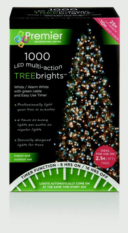 Premier 1000 LED Multi Action Treebrights With Timer - White/Warm White/Green Cable