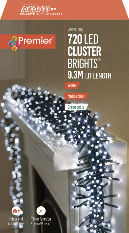 Premier 720 LED Multi Action Supabrights Cluster Lights With Timer - White/Green Cable