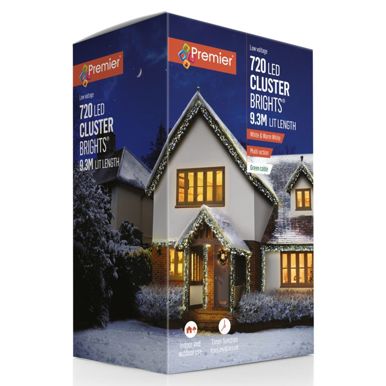 Premier 720 LED Multi Action Supabrights Cluster Lights With Timer - White/Warm White/Green Cable