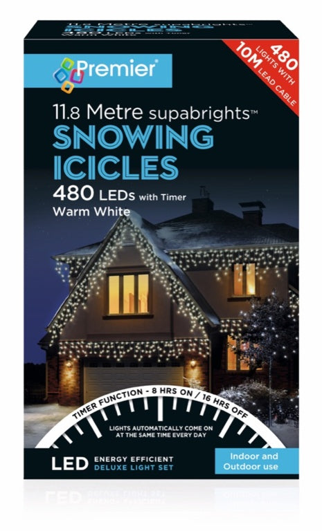 Premier Snowing Icicles With Timer Warm White - 480 LED