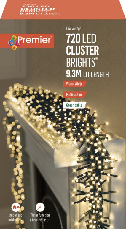 Premier 720 LED Multi Action Supabrights Cluster Lights With Timer - Warm White/Green Cable