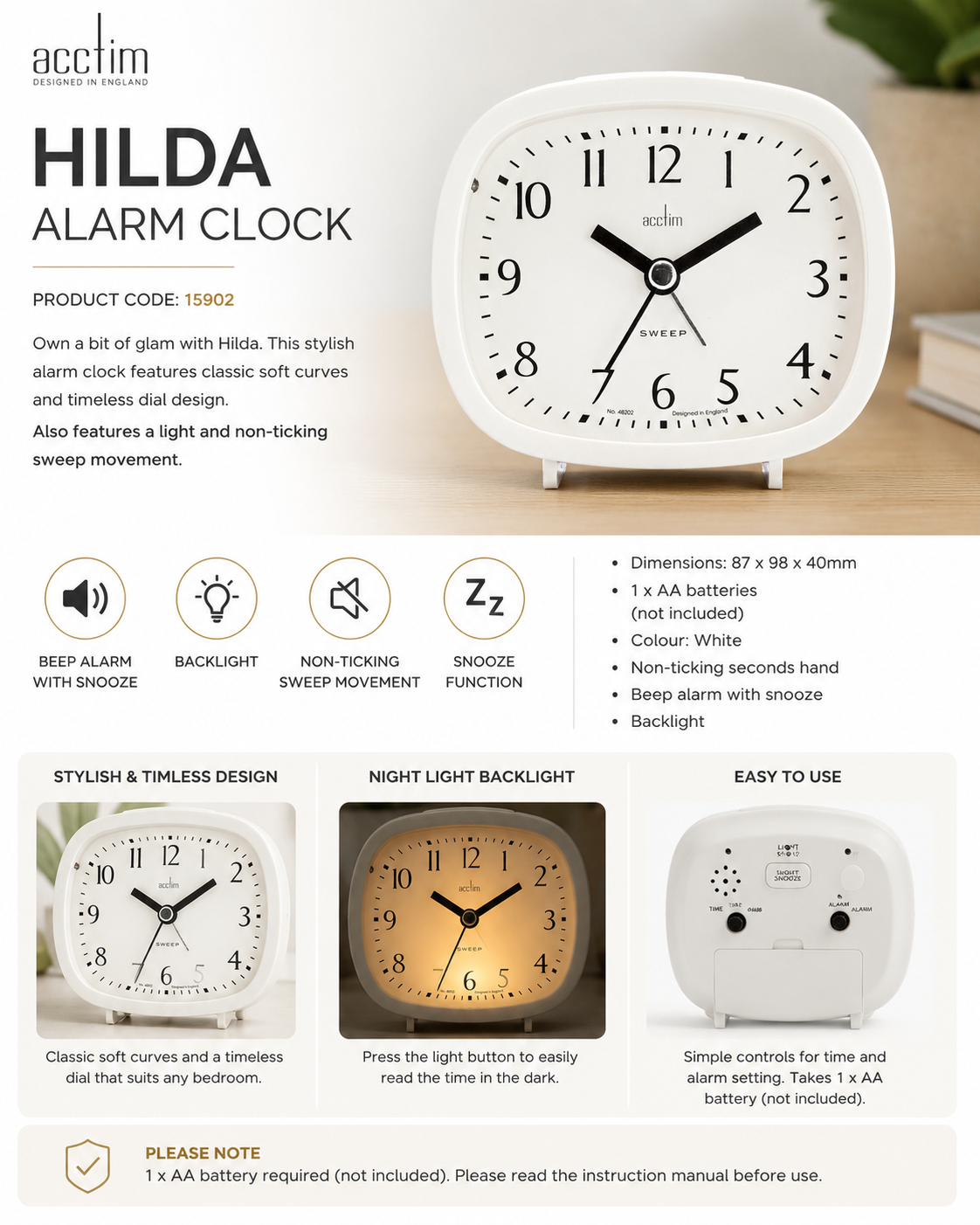 Acctim Hilda Alarm Clock White 15902 – Silent Non-Ticking Bedside Clock with Snooze