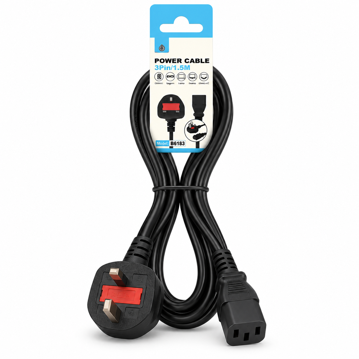 3Pin Power Cable 1.5M model B6183 with UK plug and IEC connector