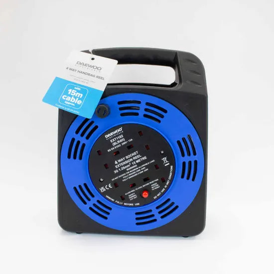 Daewoo 4-Way 15m Handbag Extension Reel – 13A 3120W Portable Cable Reel
