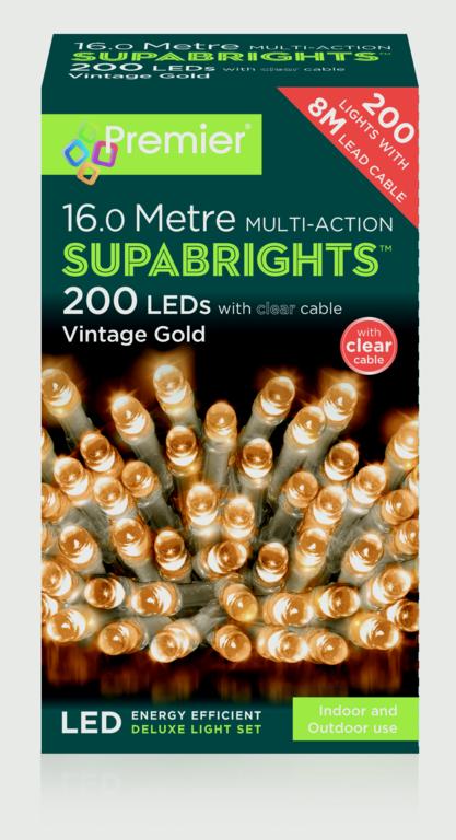 Premier 200 LED Multi Action Supabrights With Timer - Vintage Gold/Clear Cable