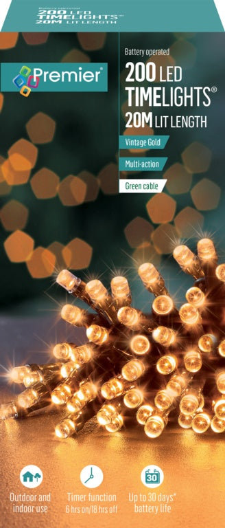 Premier 200 LED Multi Action Battery Operated TIMELIGHTS™ - Vintage Gold/Green Cable