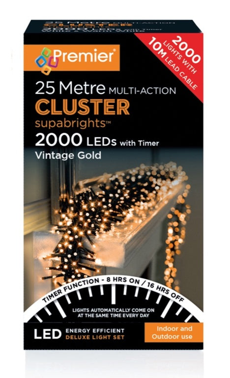 Premier 2000 LED Multi Action Supabrights Cluster Lights With Timer - Vintage Gold/Green Cable