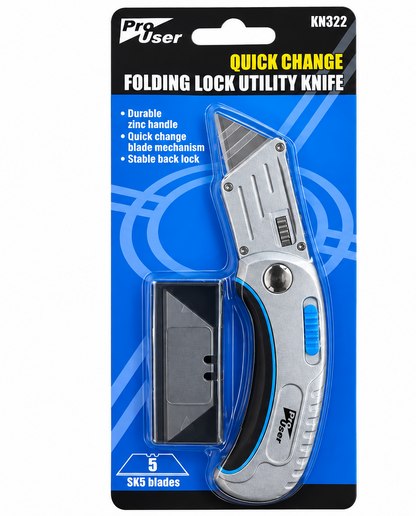 Quick Change Folding Lock Utility Knife + 5 SK5 Blades