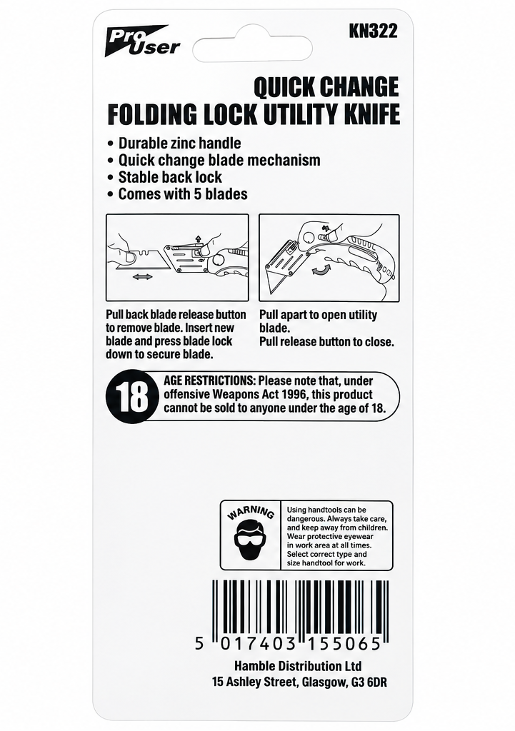 Quick Change Folding Lock Utility Knife + 5 SK5 Blades