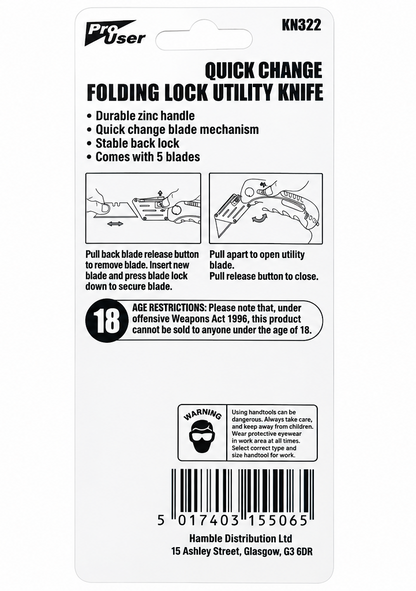 Quick Change Folding Lock Utility Knife + 5 SK5 Blades