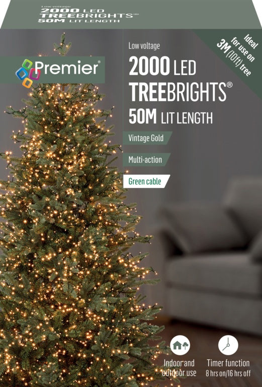 Premier 2000 LED Multi Action Treebrights With Timer - Vintage Gold/Green Cable