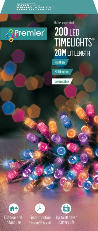 Premier 200 LED Multi Action Battery Operated TIMELIGHTS™ - Rainbow/Green Cable