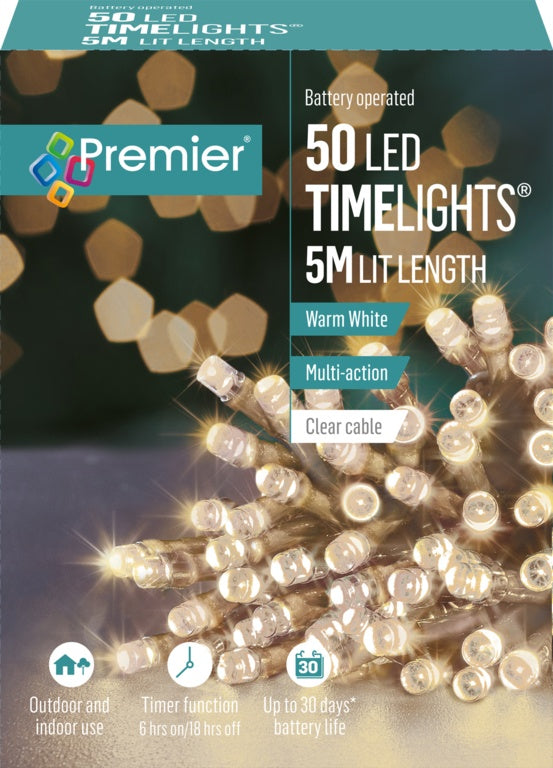 Premier 50 LED Multi Action Battery Operated TIMELIGHTS™ - Warm White/Clear Cable