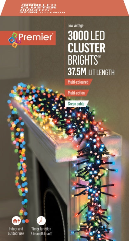 Premier 3000 LED Multi Action Cluster Brights With Timer - Multi/Green Cable