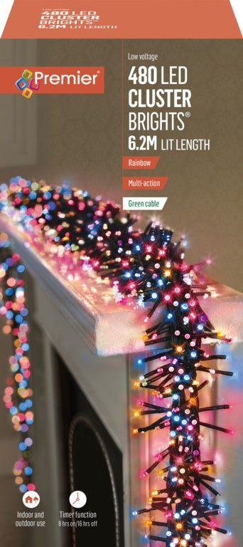 Premier 480 LED Multi Action Cluster Brights With Timer - Rainbow/Green Cable