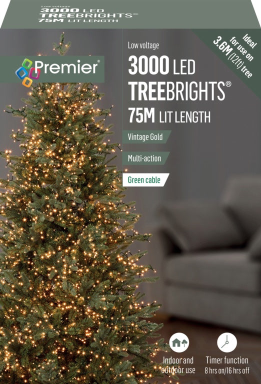 Premier 3000 LED Multi Action Treebrights With Timer - Vintage Gold/Green Cable