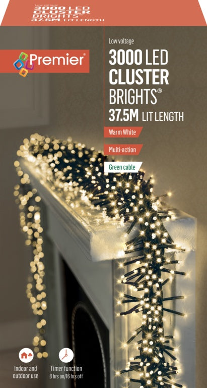 Premier 3000 LED Multi Action Cluster Brights With Timer - Warm White/Green Cable