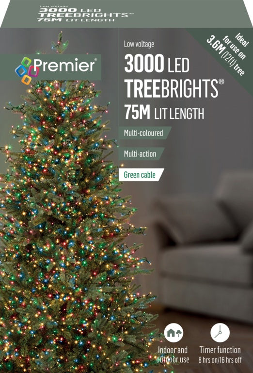 Premier 3000 LED Multi Action Treebrights With Timer - Multi/Green Cable