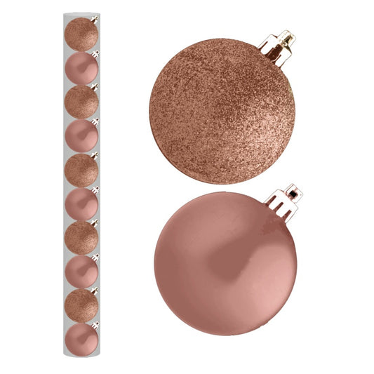 Davies Products Rose Gold Christmas Baubles – Pack of 10 (Glitter & Gloss Finish)