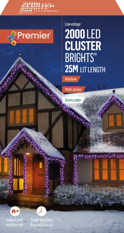 Premier 2000 LED Multi Action Cluster Brights With Timer - Rainbow/Green Cable