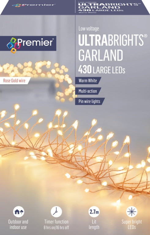 Premier 430 LED Multi Action Ultra Brights Garland - Warm White /Rose Gold Wire