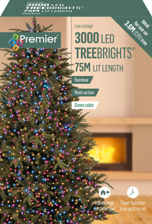 Premier 3000 LED Multi Action Treebrights With Timer - Rainbow/Green Cable