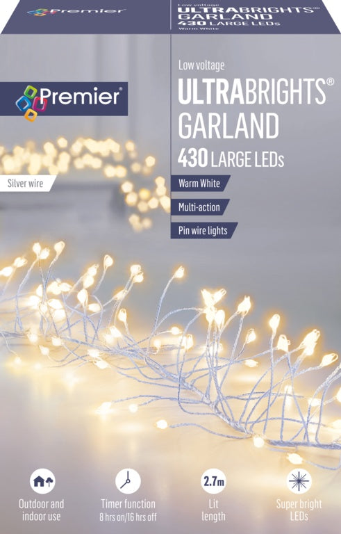 Premier Multi Action Ultra Brights Silver Garland - Warm White 430 LEDs