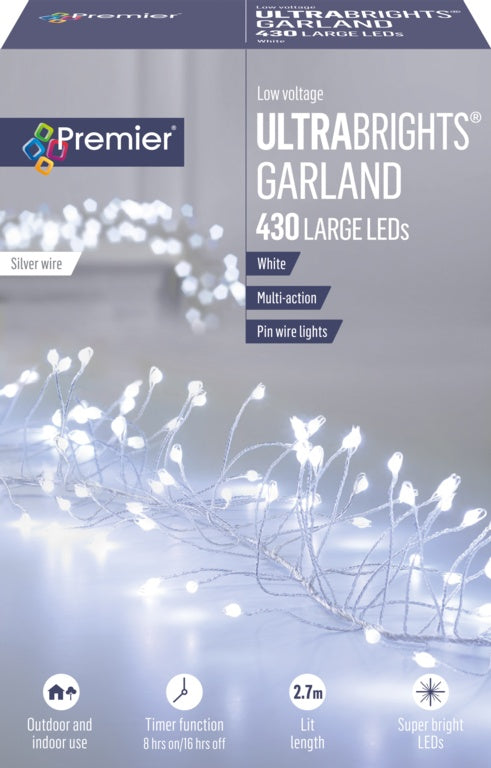 Premier Multi Action Ultra Brights Silver Garland - White 430 LEDs