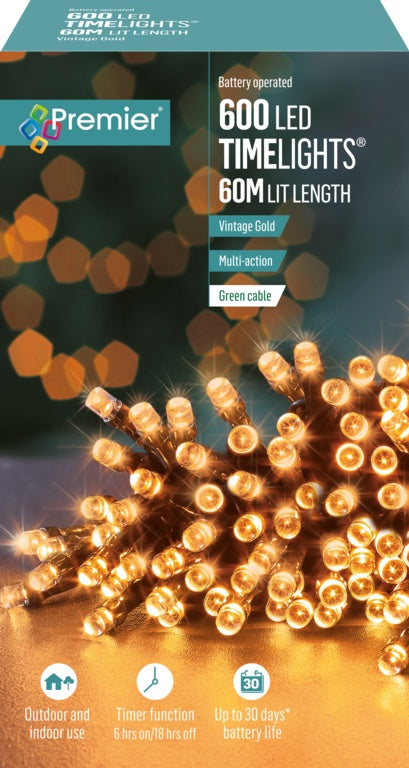 Premier 600 LED Multi Action Battery Operated TIMELIGHTS™ - Vintage Gold/Green
