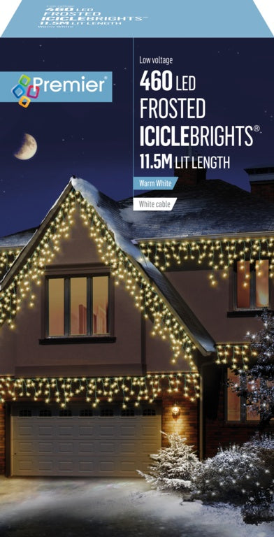 Premier Multi Action Frosted Cap Icicles - 460 LED Warm White/White Cable