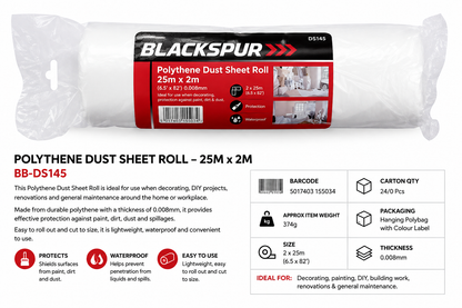 Blackspur Polythene Dust Sheet Roll 25m x 2m – Waterproof Decorating Protection