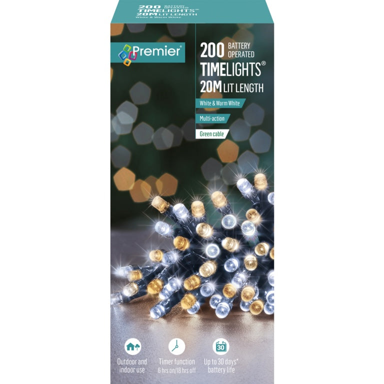 Premier 200 LED Multi Action Battery Operated TIMELIGHTS™ - White/Warm White/Green Cable
