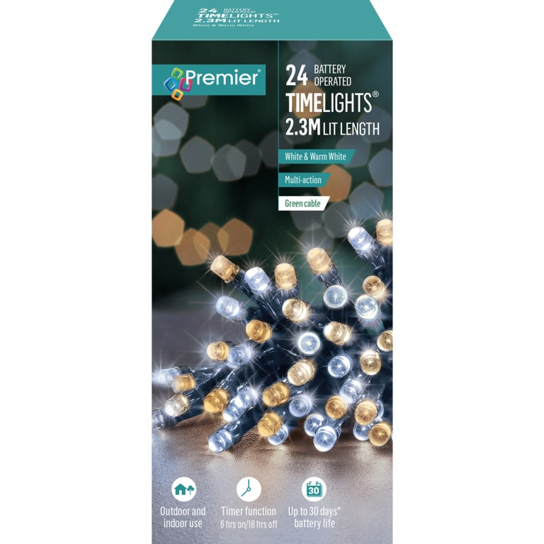 Premier 24 LED Multi Action Battery Operated TIMELIGHTS™ - White/Warm White/Green Cable