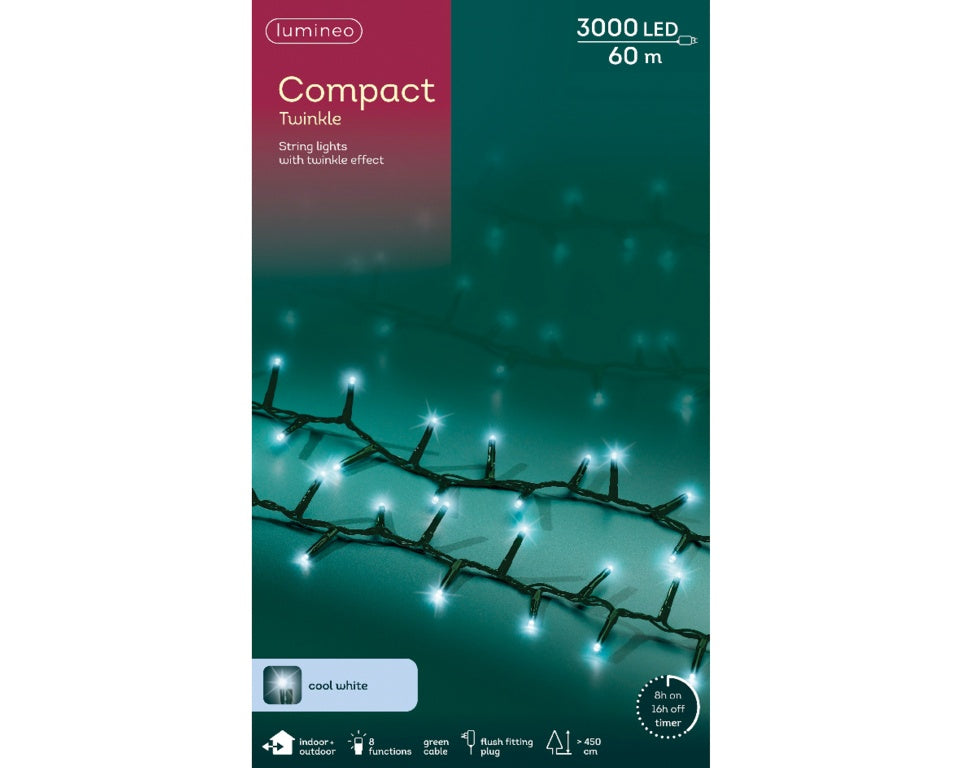 Kaemingk Lumineo Compact Twinkle LED Lights – Classic Warm & Cool White, 3000 LEDs, 60m, 2 Colours