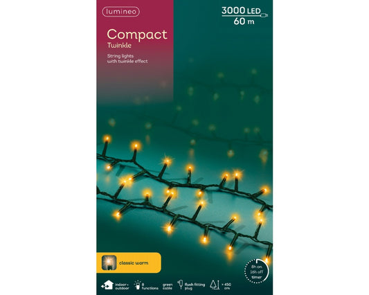 Kaemingk Lumineo Compact Twinkle LED Lights – Classic Warm & Cool White, 3000 LEDs, 60m, 2 Colours