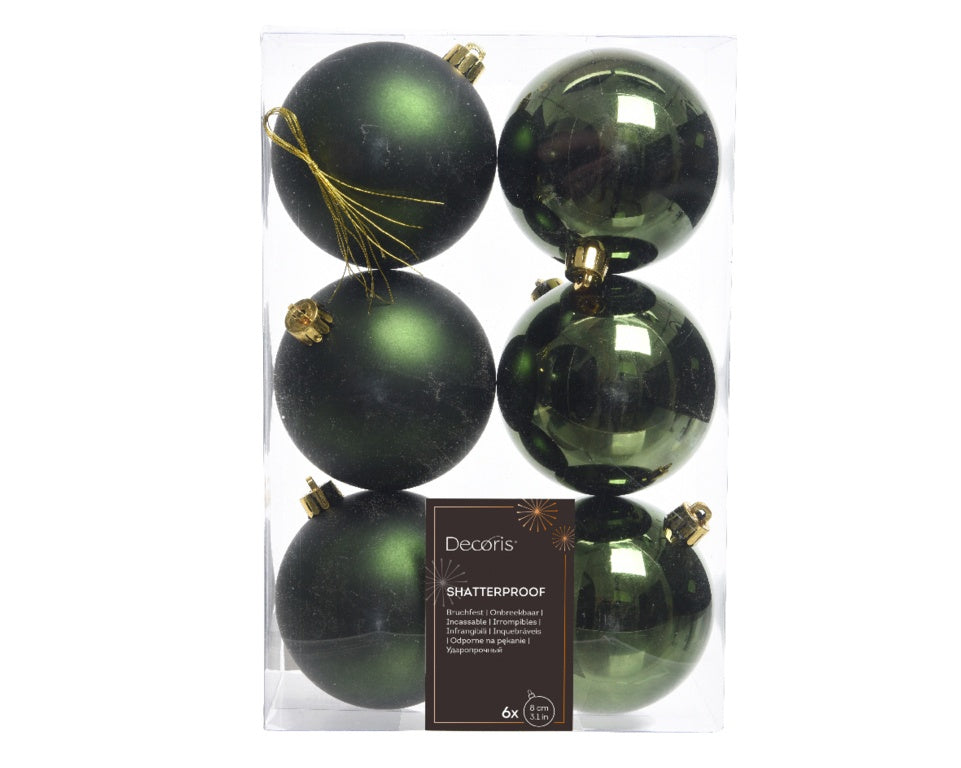 Kaemingk Shatterproof Baubles 8cm Box 6 - Pine Green