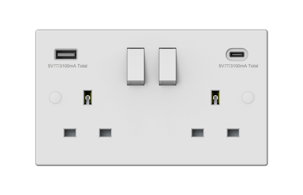 Securlec Switched Socket with USB A + C Double Pole – Square Edge Wall Socket