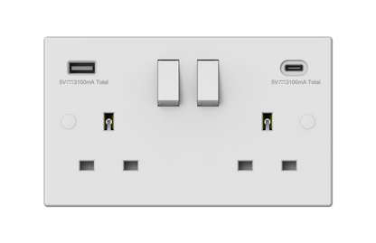 Securlec Switched Socket with USB A + C Double Pole – Square Edge Wall Socket