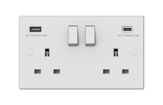 Securlec Switched Socket with USB A + C Double Pole – Square Edge Wall Socket