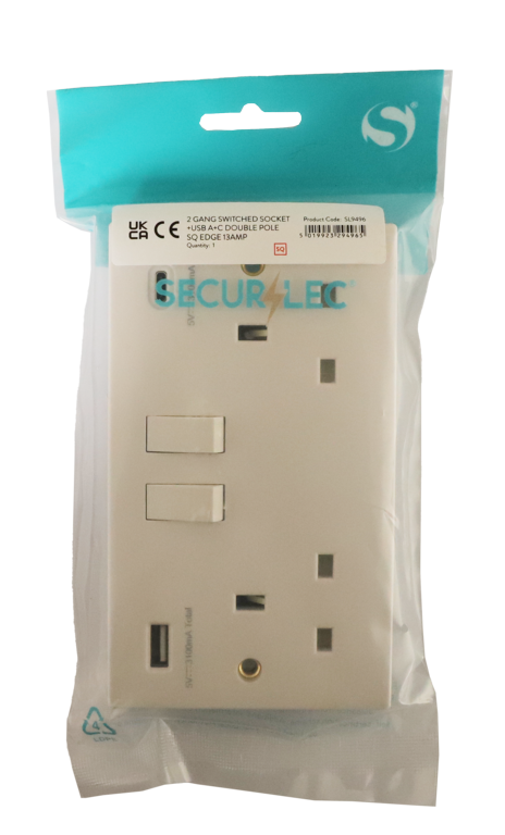 Securlec Switched Socket with USB A + C Double Pole – Square Edge Wall Socket