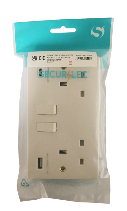 Securlec Switched Socket with USB A + C Double Pole – Square Edge Wall Socket