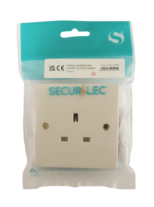 Securlec 1 Gang Unswitched Socket 13A – Square Edge 86 x 86mm