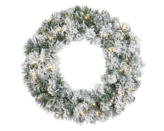 Kaemingk Imperial Snowy Green Wreath – 50cm Pre-Lit with Warm White LEDs