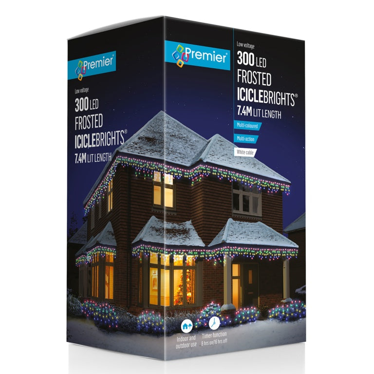 Premier Multi Action 300 LED Frosted Cap Iciclebrights - Multi Coloured White Cable